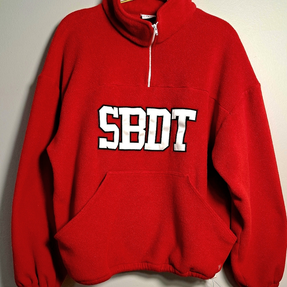 VARSITY RED SWEATER WITH WHITE SBDT LOGO SIZE M OVERSIZED STYLE.
